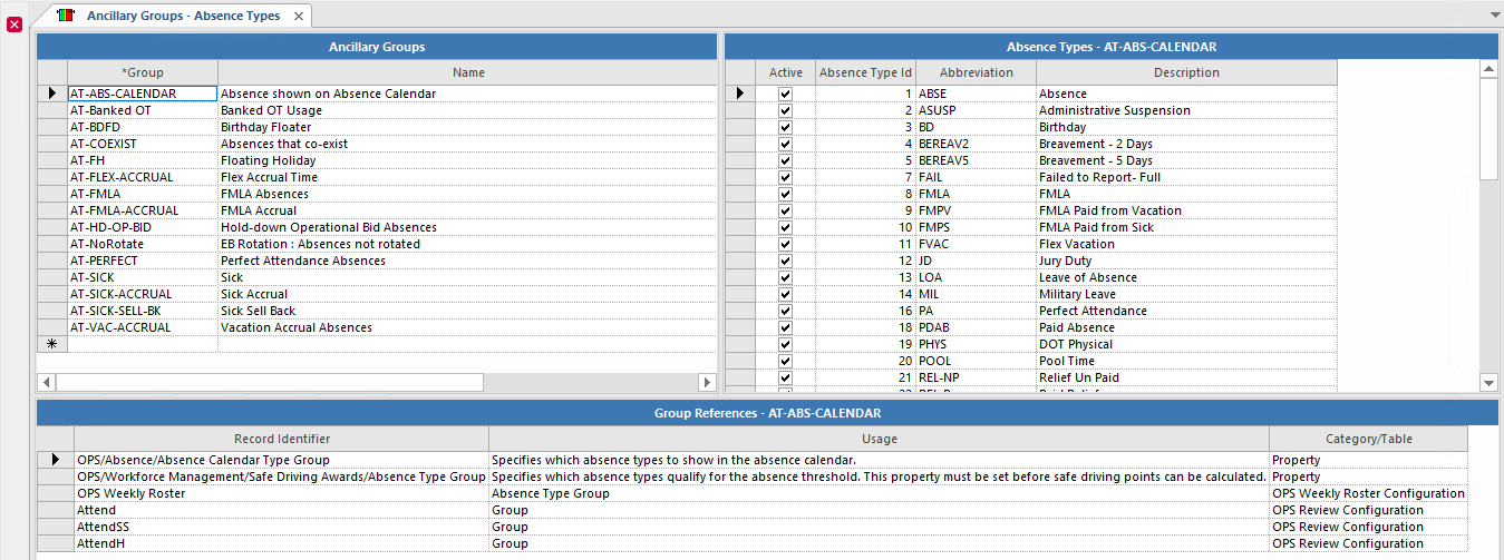Ancillary Groups screen with Extra Pay Reasons ancillary groups, details, and references shown.