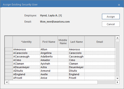 Assign Security User dialog.