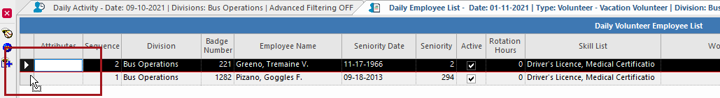 Daily Employee List screen with a dragging action circled in red.