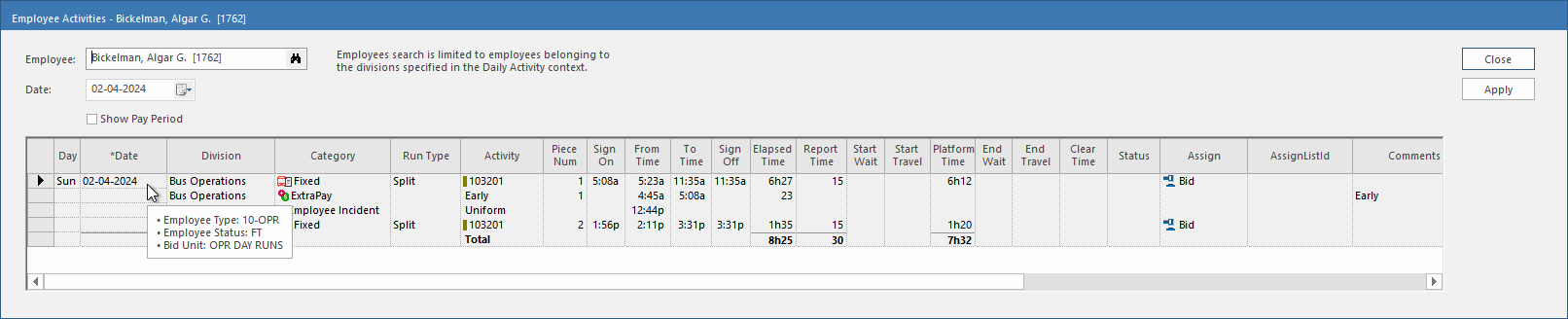 Tooltip showing in the Employee Activities dialog.