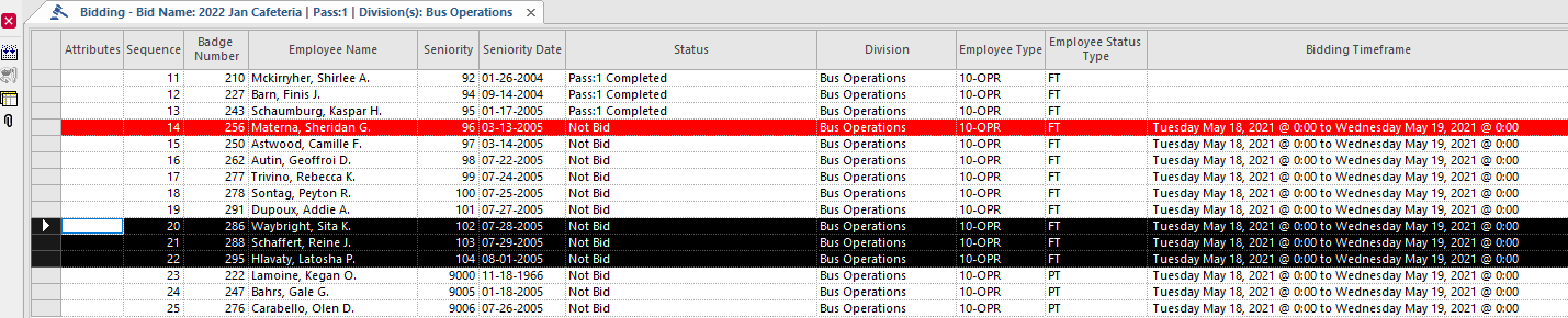Bids selected on the Bid screen