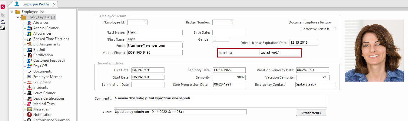Employee Profile - Employee Card showing the Identity field circled in red.