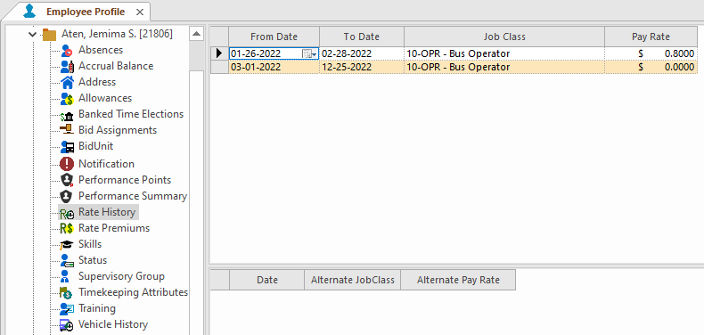 Employee Profile - Rate History screen.