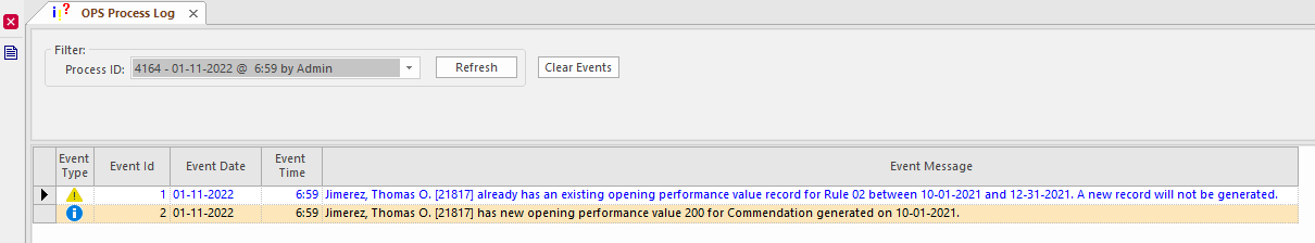 The OPS Process Log screen showing events with process id 4164.
