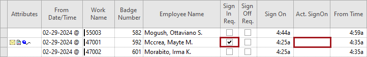 Daily Activity work list view with the selected Sign In Req. field and cleared Act. SignOn field circled in red.