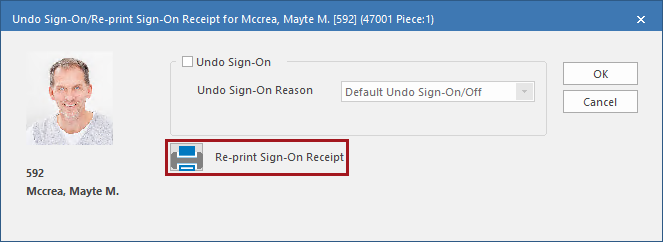 The Undo Sign-On/Re-print Sign-On Receipt dialog with the Re-print Sign-On Receipt option circled in red.