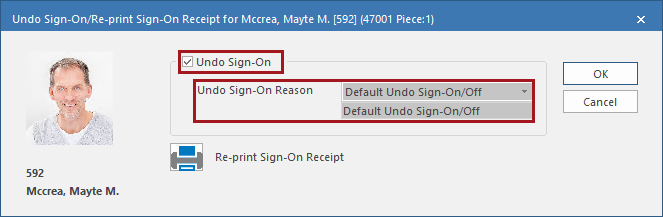 The Undo Sign-On/Re-print Sign-On Receipt dialog with the Undo Sign-On and Undo Sign-On Reason fields circled in red.