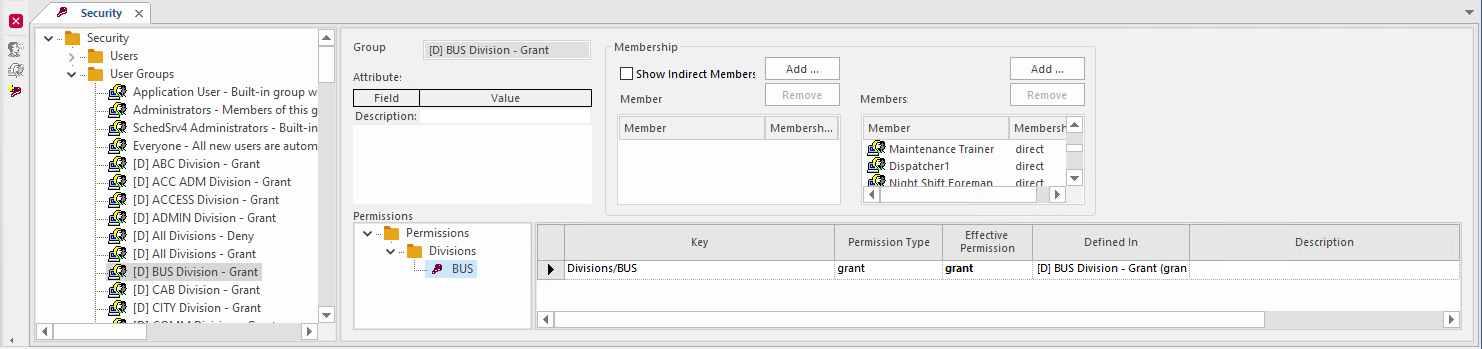 Newly created division user group in the Security screen.
