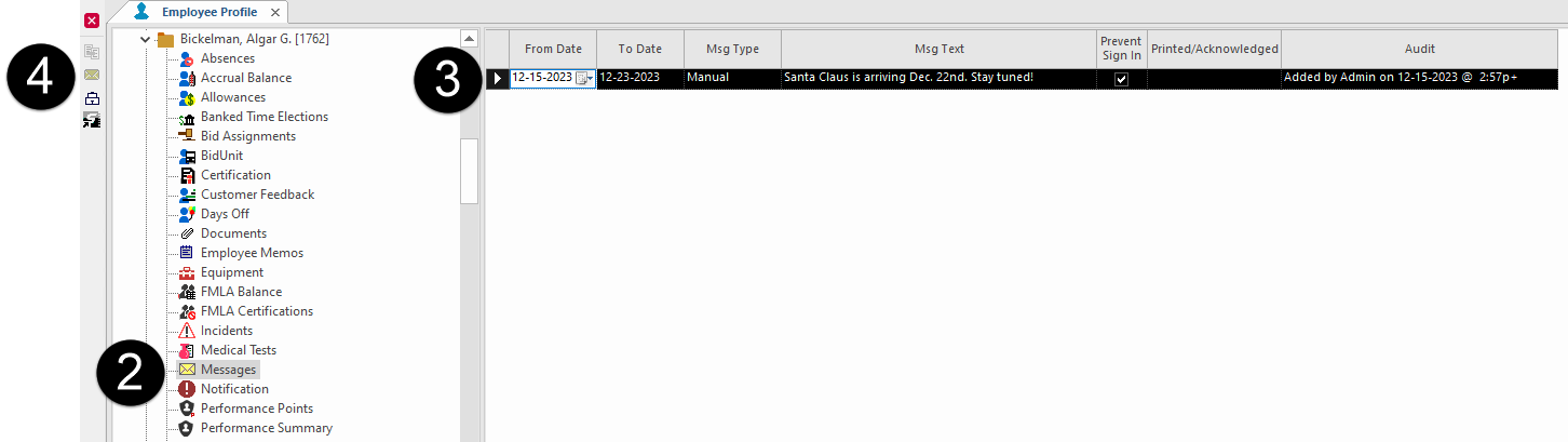 The Employee Profile screen with numbers for steps 2, 3, and 4 marked on the image.