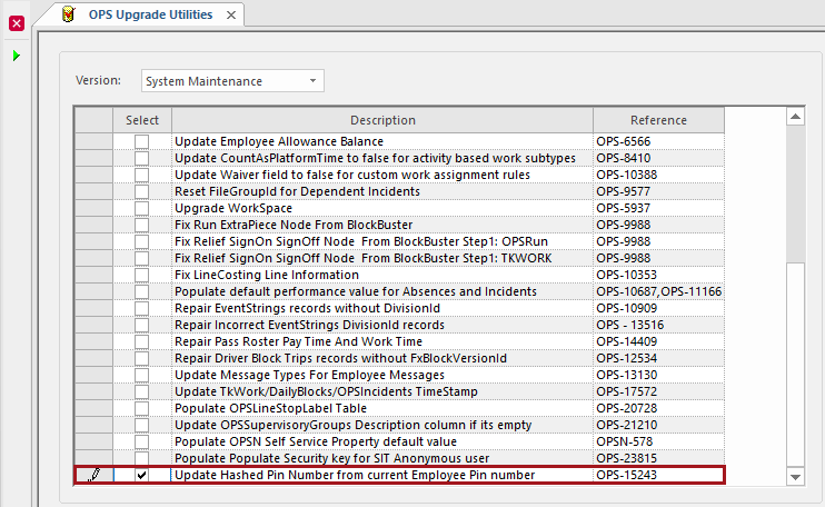 OPS Upgrade Utilities screen with the Update Hashed Pin Number from current Employee Pin number option circled in red.