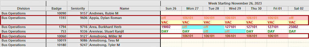 Work Planner showing work previously assigned to employee 1593 now assigned to employee 10060.