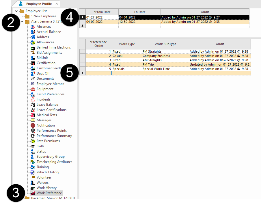 Employee Profile - Work Preference screen marked with the locations of steps 2 through 5.