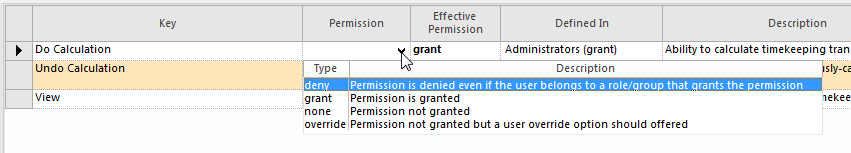 A dropdown list in the Permission column is selected with the deny, grant, none, and override options shown.