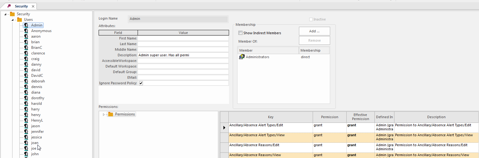 Security screen showing Admin user.