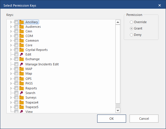 Select Permission Keys dialog with no permissions selected.