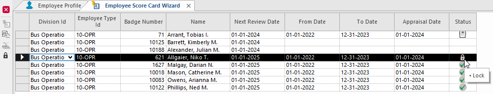 Employee Score Card Wizard with the Status column showing Lock