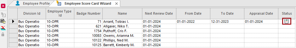 Employee Score Card Wizard with the Status column displaying Draft