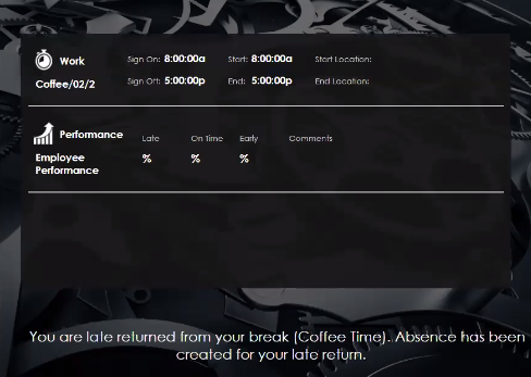 The Sign-In Terminal page with the message "You are late returned from your break (break name). Absence has been created for your late return."
