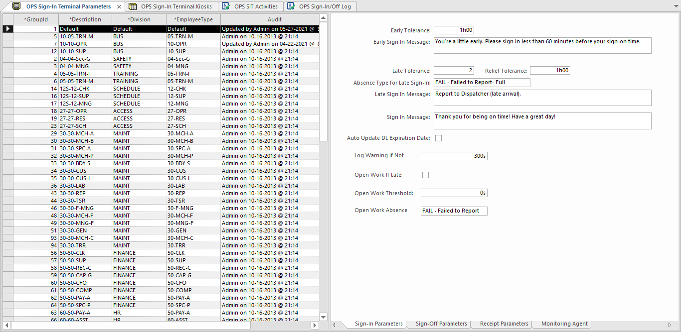OPS Sign-In Terminal Parameters ancillary data