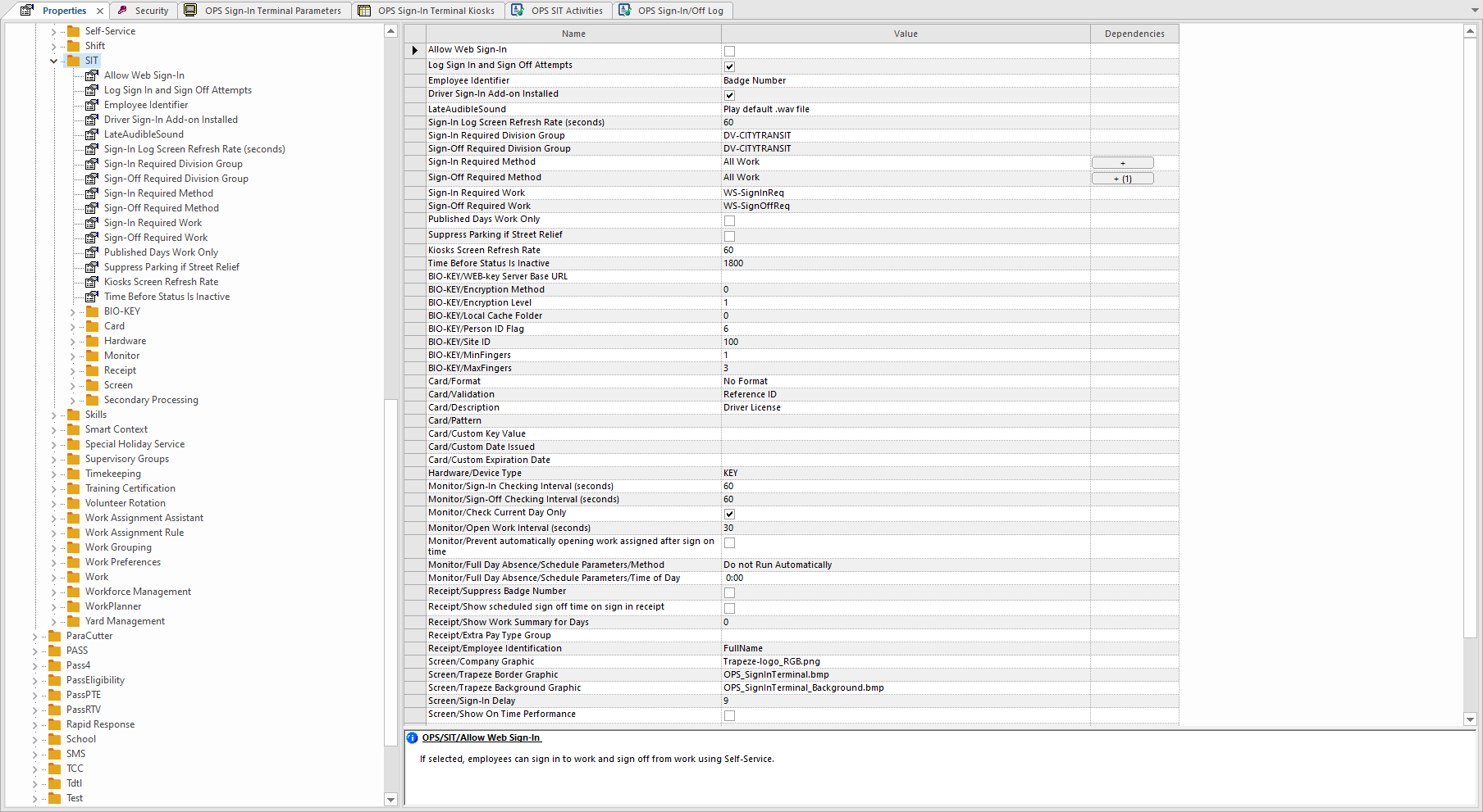 The Properties screen showing OPS SIT properties