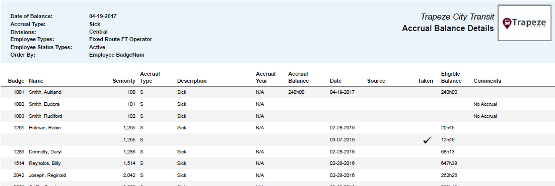 Accrual Balance Details Report