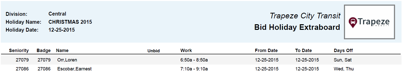 Bid Holiday Extraboard Report