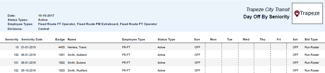 Day Off By Seniority Report