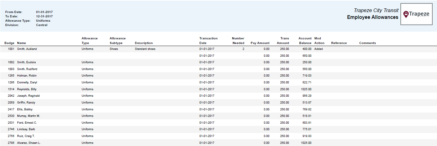 Employee Allowances Report
