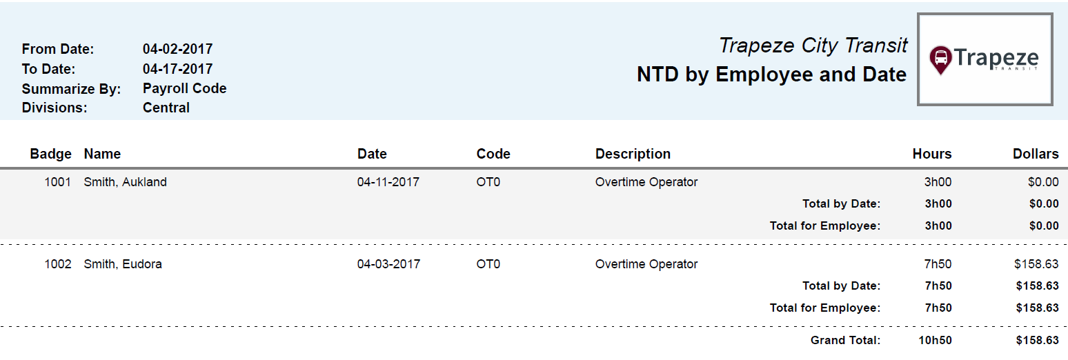 NTD by Employee and Date Summarized by Payroll Code Report