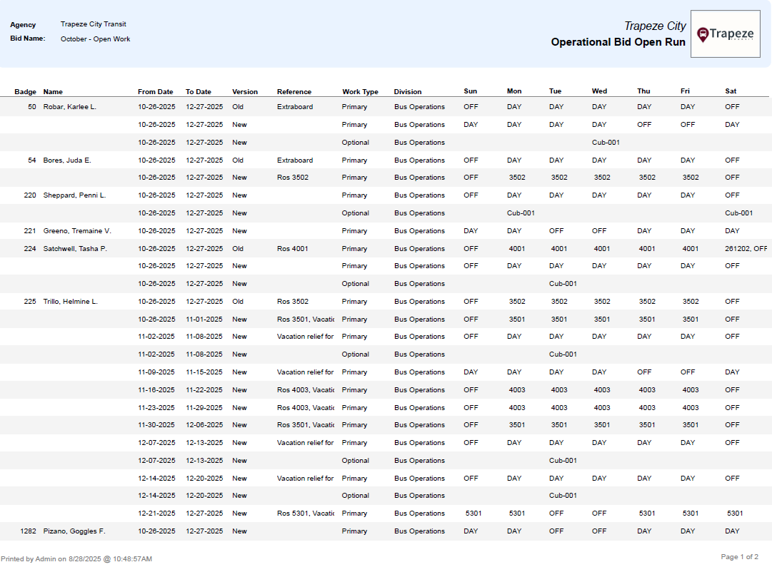 Operational Bid Open Run Report