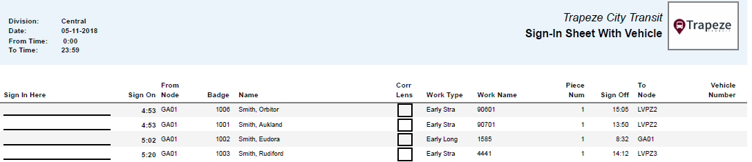 Sign-In Sheet With Vehicle Report