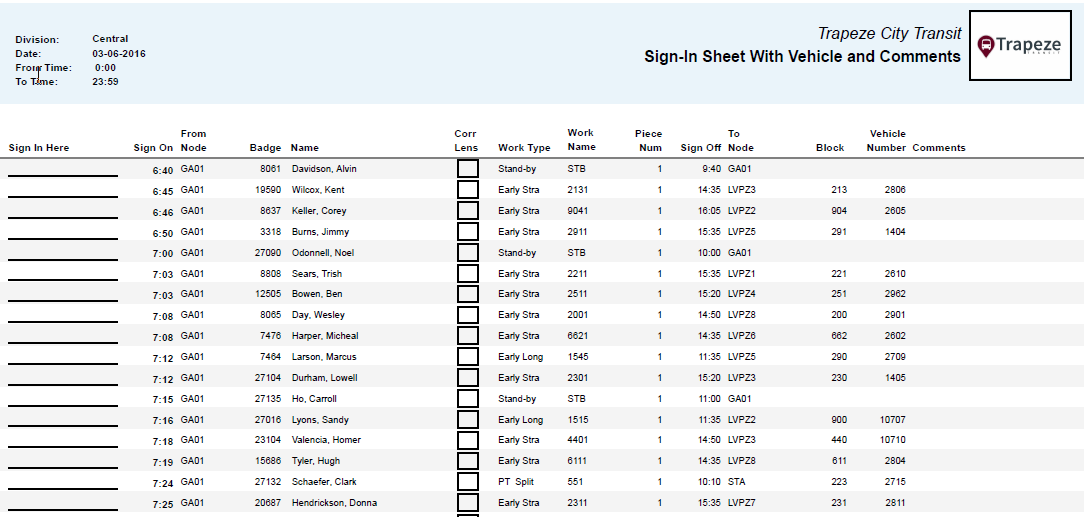 Sign-In Sheet With Vehicle and Comments Report