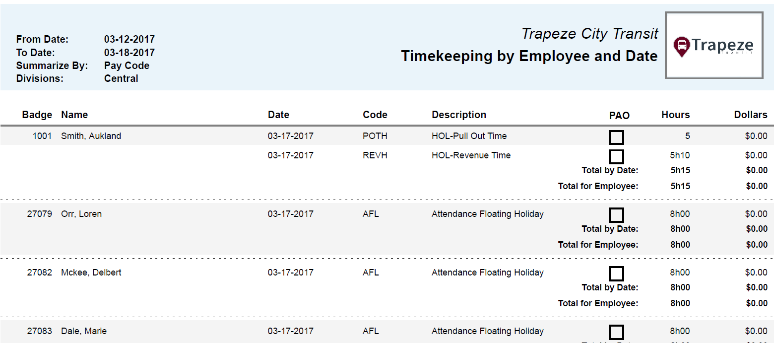 Timekeeping by Employee and Date Summarized by Pay Code Report