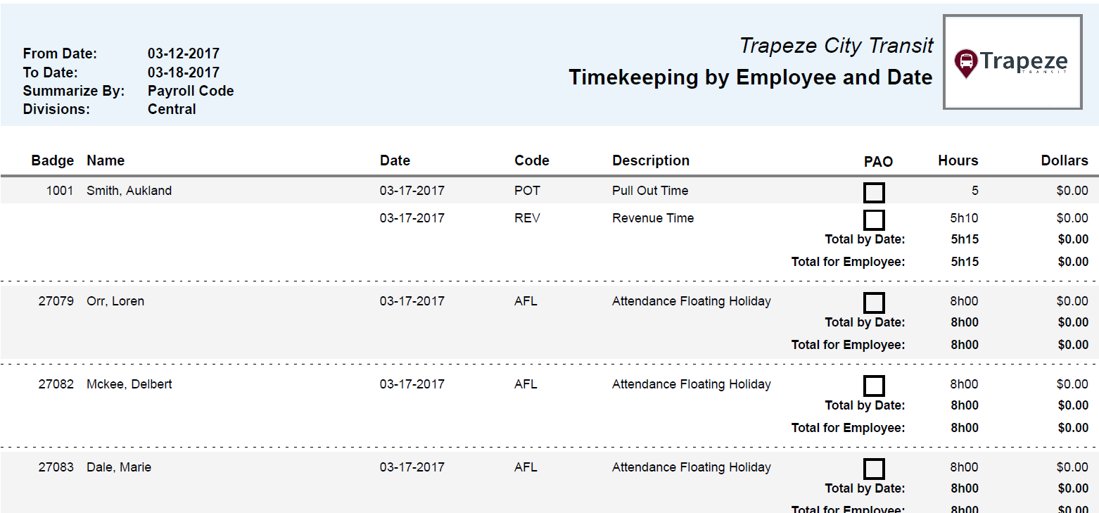 Timekeeping by Employee and Date Summarized by Payroll Code Report