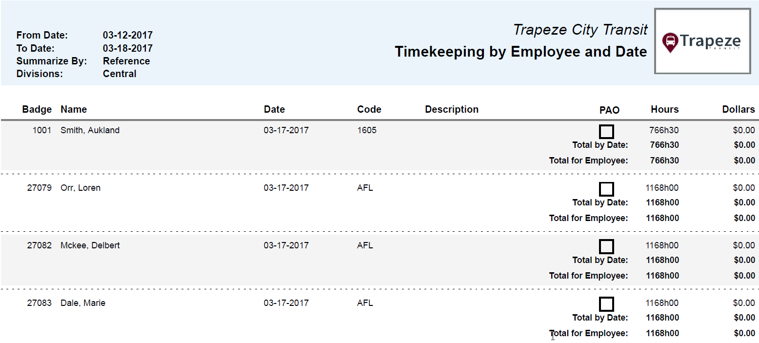 Timekeeping by Employee and Date Summarized by Reference Report