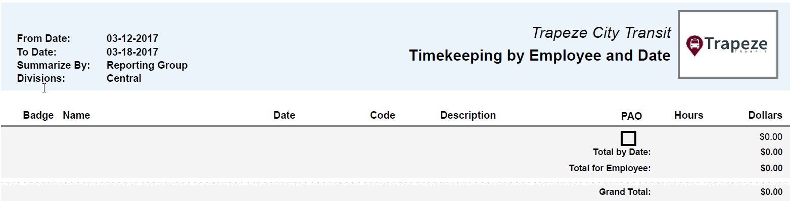 Timekeeping by Employee and Date Summarized by Reporting Group Report