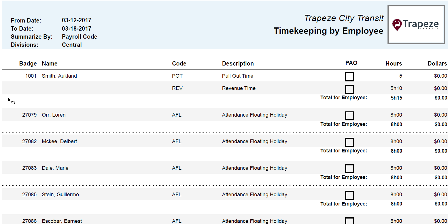 Timekeeping by Employee Summarized by Payroll Code Report