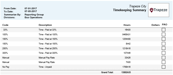 Timekeeping Summary by Reporting Group Report