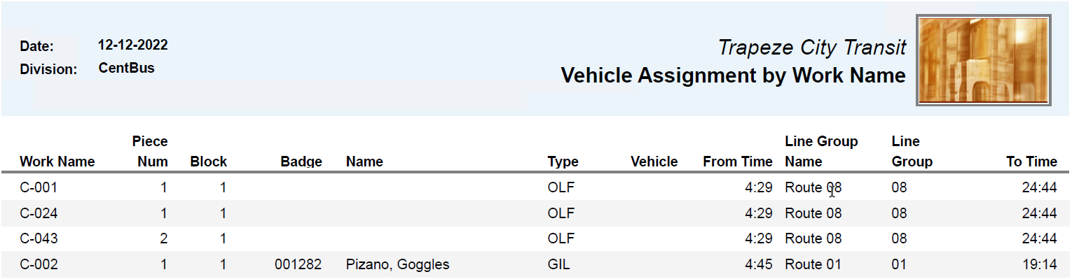 Vehicle Assignment by Work Name Report