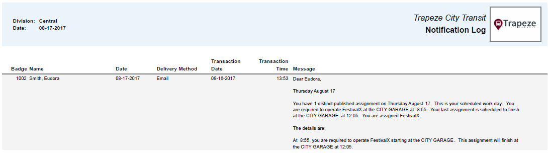 Notification Log Report