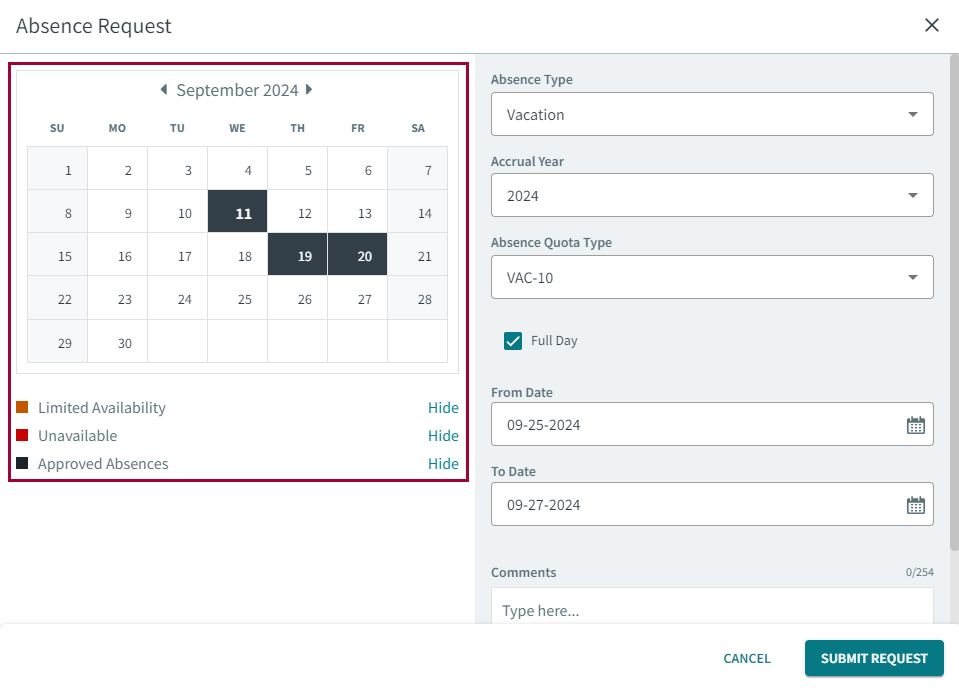 Absence request calendar circled in red.