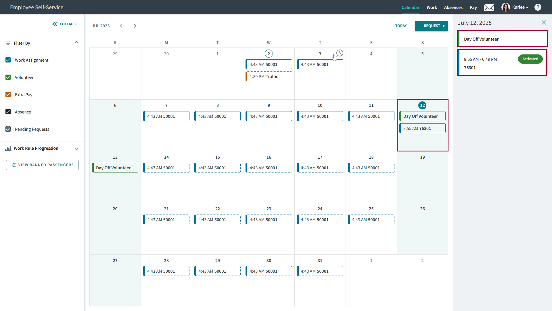 Calendar month view with the volunteer card and associated work assignment card circled in red, and day view with the volunteer card and associated work assignment card circled in red.