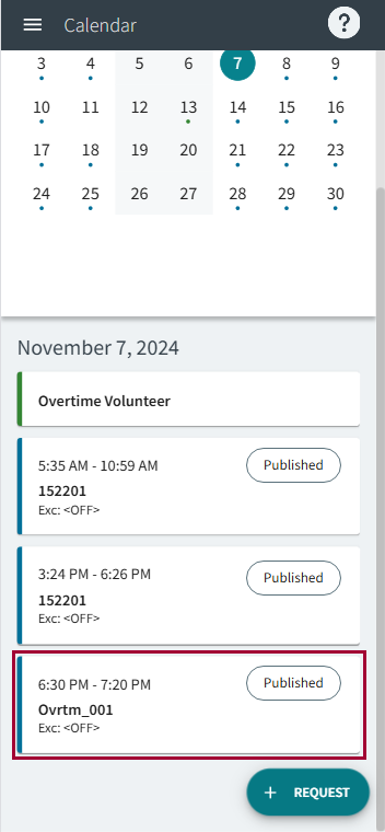 The Calendar page on a smaller screen showing volunteer and work assignment events.