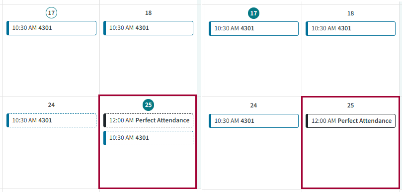 Calendar date showing bid work and an approved absence circled in red; then the same date showing only the approved absence circled in red.