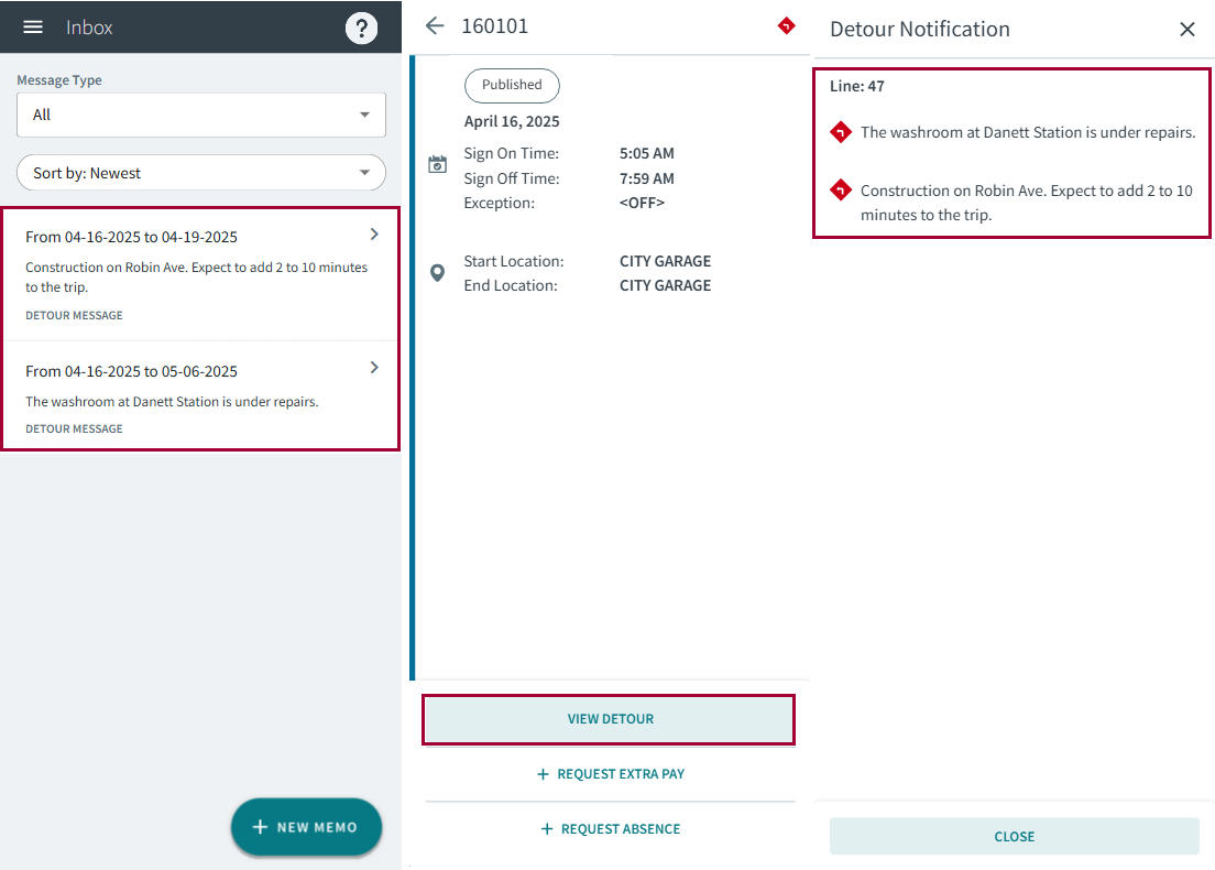 Smaller screen versions of the Inbox with a detour message circled in red, a work assignment in the calendar with View Detour circled in red, and a resulting Detour Notification that shows the same information as the circled detour message.