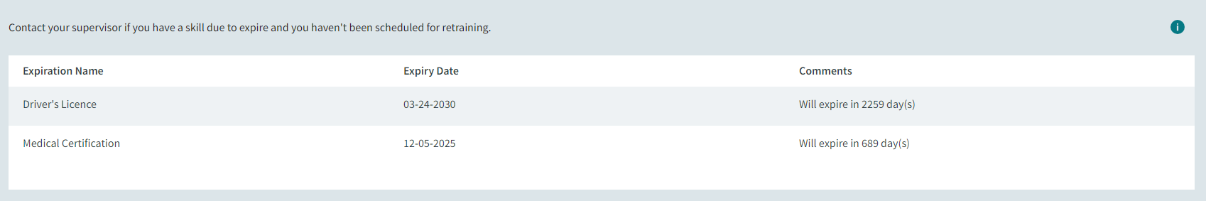 The Expirations Dates page showing two skills and how long before the expire.