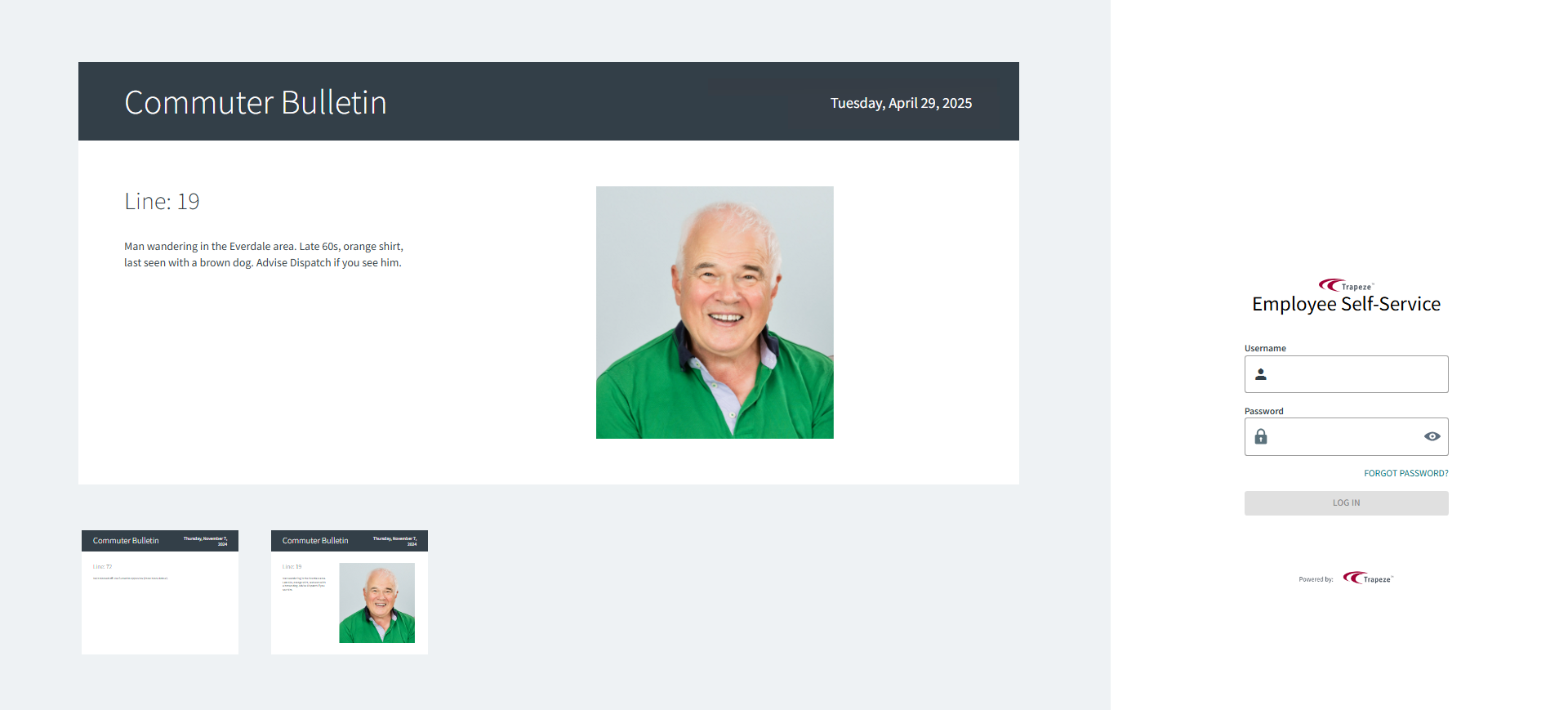 The login page showing a commuter bulletin and the Username and Password fields.