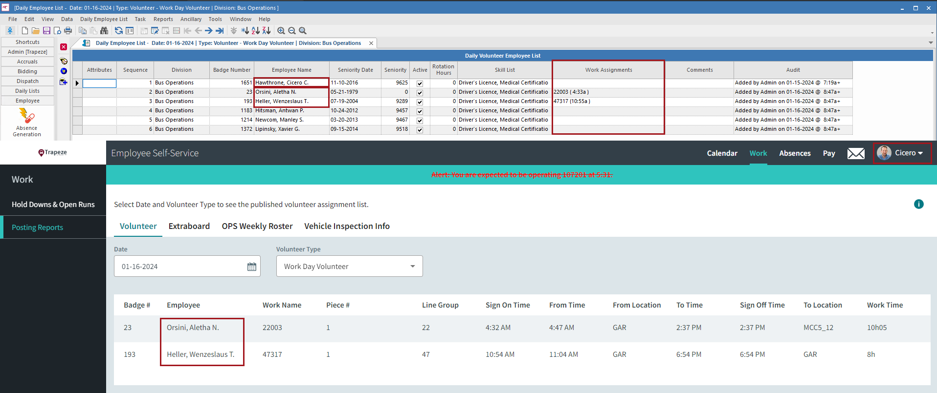 The Client Shell showing the Daily Employee List screen showing the Work Assignments column and the employee names for the employee logged in to ESS and the employee listed in ESS circled in red; and the corresponding names circled in red in the ESS interface on the Posting Reports page on the Volunteer tab.