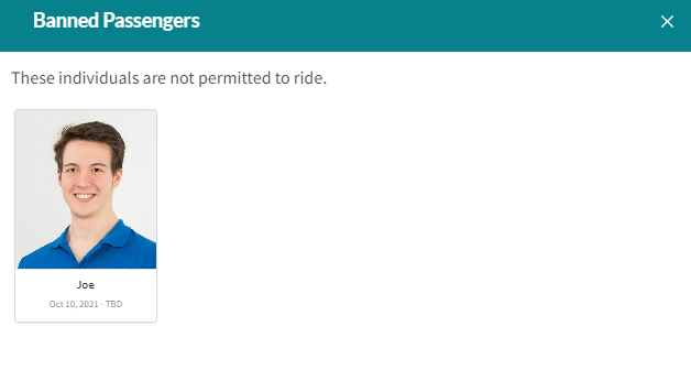 Banned Passengers screen showing image of banned passengers with names and dates.