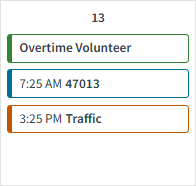 A calendar date showing a green volunteer event, blue work assignment event, and orange extra pay event.